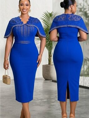 Elegant Royal Blue Lace Cape Midi Dress